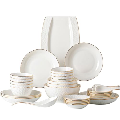 YLME Juego de Vajilla de Porcelana de 28 Piezas - Servicio para 6 Personas, Platos y Cuencos de Cerámica Blanca con Borde Dorado, Apto para Microondas y Lavavajillas,Blanca