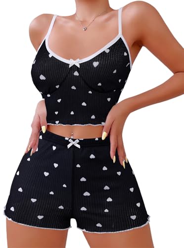 Image of Hilinker Womens Graphic Print Ribbed PJ Set Crop Cami Tops and Shorts Cute Pajamas Set