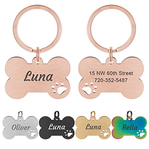 Natiform Personalized Pet ID Tags, Brushed Stainless Steel Dog Tags, Up to 4 Lines of Custom Text Engraved on Both Sides, Hollowed Paw Bone Shaped Collar Pendant(L Rose Gold)