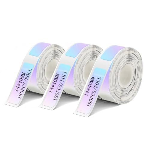 3 rollos aptos para papel térmico holográfico multicolor D30/P11/HP1, 14 × 40 mm, para suministros de cinta de etiquetas autoadhesivas impermeables en entornos domésticos y de oficina (180/rollo)