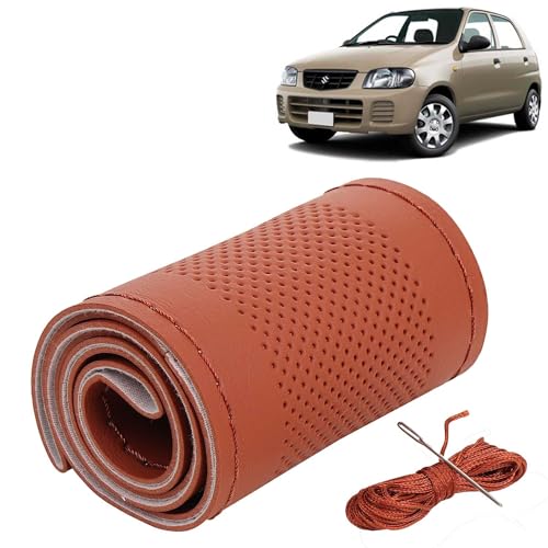 Image of KINGSWAY PU Leatherite Car Steering Cover Sewable Compatible with Maruti Suzuki Alto 800 (Year 2000-2012), Tan Color with Tan Thread, Pack of 1 with Sewing Needle and Thread