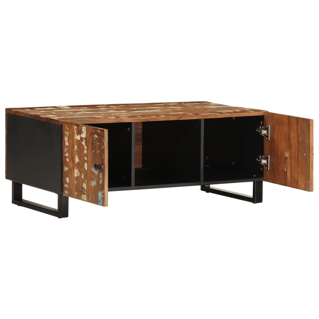 Stolik kawowy 100 x 54 x 40 cm, lite drewno stare i materiał drewnopochodny, 3 przegródki do przechowywania, żelazne nogi, nowoczesny stół do salonu, stolik kawowy do salonu