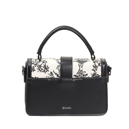 Image of EXOTIC Rosetta Structured Sling Bag for Women | Printed Panel Handbag with Top Handle & Detachable Crossbody Strap | Multi-Compartment Satchel Purse