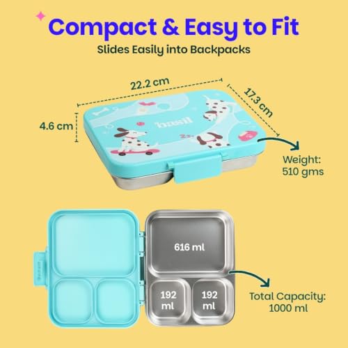 Image of Basil Bento Ace 3C Stainless Steel Lunch Box for Kids | 3 Compartment Leakproof Tiffin Box for Teens & Adults | BPA-Free, Easy-to-Open School Lunch Box | Wiggly Woof