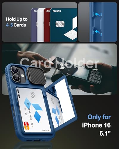 Image of for iPhone 16 Case with Card Holder, Built-in Stand & Camera Lens Cover, Shockproof Rugged Silicone Raised Edge Protective Multifunctional Wallet Phone Case Cover for iPhone 16 6.1 inch 2024, Blue