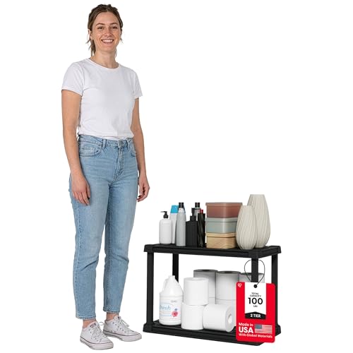 Image of IRIS USA 2-Shelf Light Duty Plastic Storage Shelves, 100lb Capacity, 17 inch H x 24 inch W x 12 inch D, Medium Modular Shelving Unit Storage Organizer for Bathroom, Laundry, Garage & Home, Storage Rack - Black
