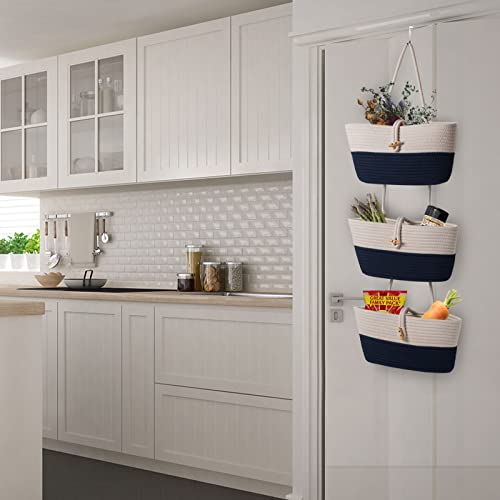 Oradrem Over The Door Basket Cotton Rope Organizer, 3-Tier Wall Hanging Storage Basket, Closet Organizing, Decorative Baskets For Organizing Living Room—14.5“X7" (Navy Blue) #TOP5