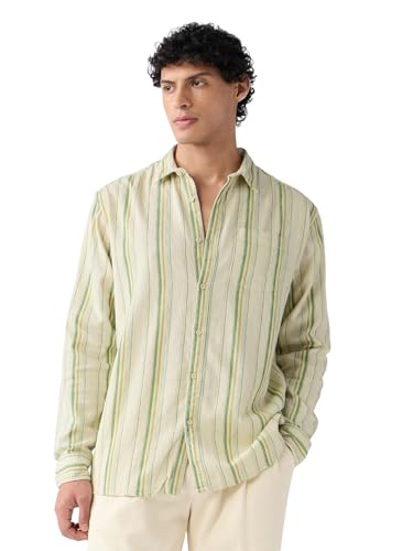 Image of The Souled Store Cotton Linen Stripes: Apricot Men and Boys Long Sleeves Collared Neck Orange Stripes Regular Fit Lightweight Comfortable Summer Cotton Linen Shirts