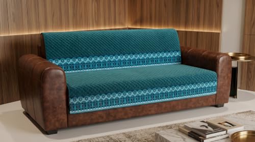 Image of KINGLY Sofa Cover 5 Seater 3+2 Velvet Full Cover - Teal Blue | Fully covered quilted velvet slipcover, washable anti-slip thick furniture protector for 3+2 living room sofa