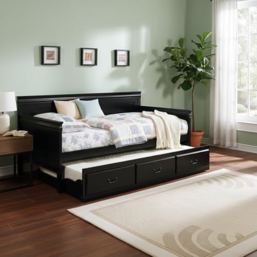 Image of APRODZ Mango Wood Carss Daybed with Trundle Bed for Home | Bed for Bedroom, Black Finish