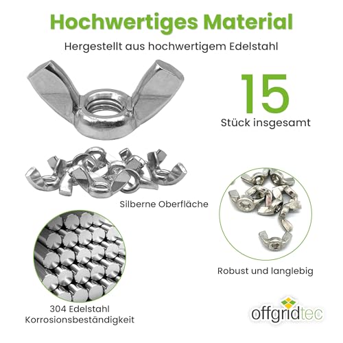 Offgridtec Flügelmuttern A2 V2A Edelstahl M3, DIN 315 Handfestiger für werkzeugfreie Montage, korrosionsbeständig & wiederverwendbar, ideal für Möbel, Geräte, Industrieanwendungen (15 Stück)
