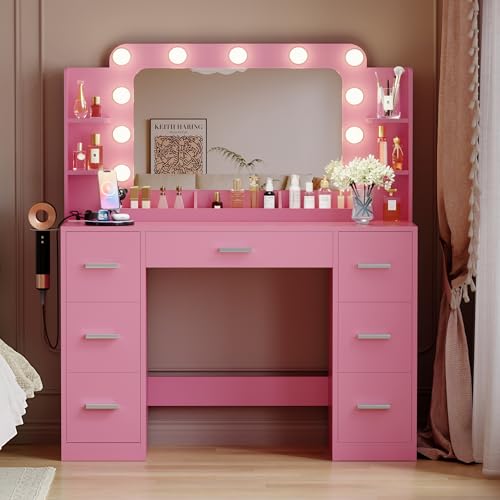 Image of Furmax Vanity Desk with Hollywood Style Mirror with LED Lights, Makeup Table Vanity with 2 AC Outlets and1 USB＆1 Type-C Port, Adjustable Lighting, Modern Ample Storage Drawers Dressing Table (Pink)