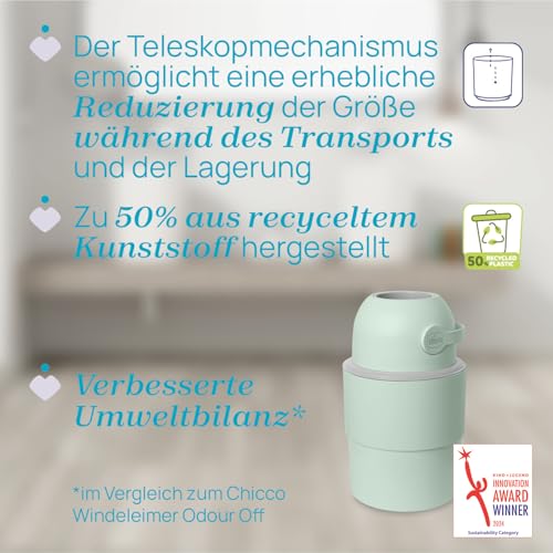 Chicco Teleskop-Windeleimer, Geräumig und Praktisch, Kompaktes Design, Kompatibel mit Chicco Odour Off Müllbeuteln, Hergestellt aus 50 Prozent wiederverwendetem Kunststoff, grün