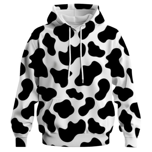 Rebaike Mens Funny Cow Print Hoodie Black and White Animal Pattern Graphic Sweatshirt White Black L