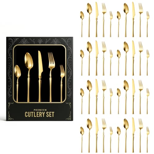 Image of aDai Mirror Finish 40-Piece Korean Vintage Style Flatware Set with Gift Box | Dishwasher Safe Stainless Steel Cutlery for Home, Restaurant & Gifting (Gold)