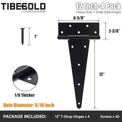 TIBEGOLD Lot de 4 charnières de portail à sangle en T de 30,5 cm, charnières de porte d'abri de jardin, charnières en T noires pour clôtures en bois, portails de cour, quincaillerie en fer forgé – vue 2