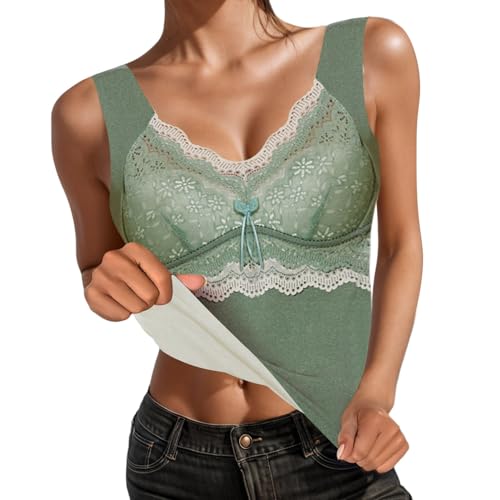 Thermal Tank Top for Women Lace V Neck Fleece Lined Base Layer Sleeveless Warm Camisole Underwear Vest for (Green, L)