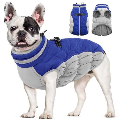Image of AOFITEE Dog Coat, Warm Dog Jackets for Small Dogs, Dogs Winter Coat with Harness Built in, Reflective Pet Winter Jacket, Waterproof Windproof Puppy Puffer Jacket Fleece Vest, Blue XS
