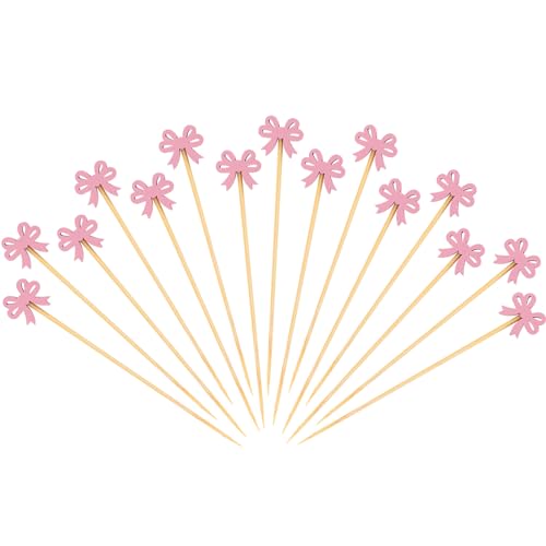 BOXOB 100uds Palillos Cóctel Lazo Rosa, 12,5cm Palillos Coquette Palitos Madera Alimentos Topper Cóctel Lazo Brochetas Aperitivo para Fruta Bebida Postre Boda Fiesta Despedida Soltera