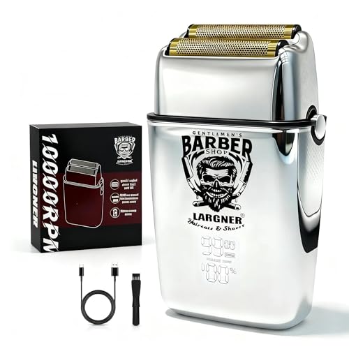 LARGNER Rasoirs électriques rétro pour hommes avec tondeuse à barbe, rasoirs masculins rechargeables à grille dorée, puissance élevée (Argent) (Argent)