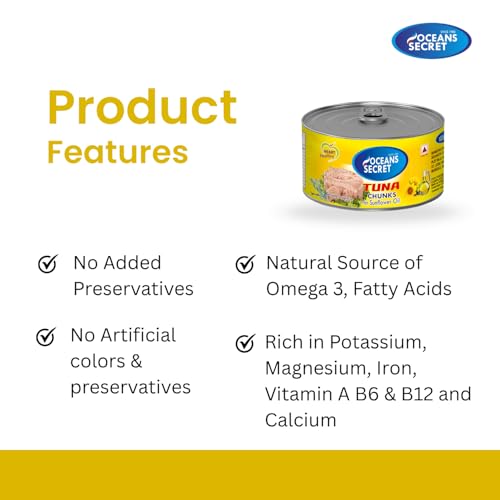 Image of Oceans Secret Tuna Chunks in SunflowerOil 180gm Pack of 1 Canned Tuna Fish Balanced Nutrition, Heart Healthy, in Sunflower Oil, Premium Cuts Ready to Eat