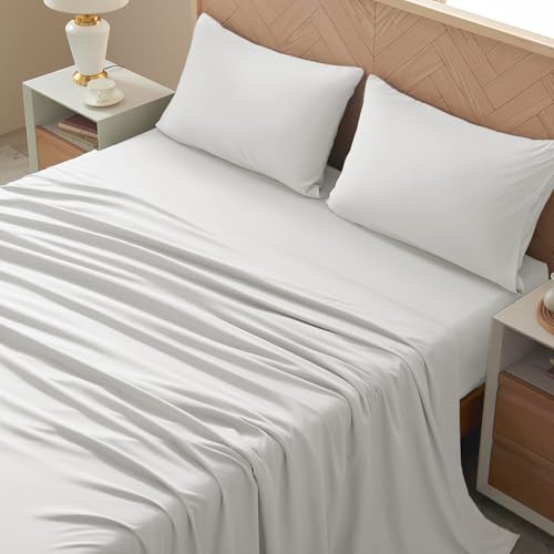 Image of Full Size 4 Piece Sheet Set - Comfy Breathable & Cooling Bed Sheets Set, Soft and Wrinkle Free, Deep Pockets, Easy & Secure Fit, Hotel Luxury Bedding - Oeko-Tex - White