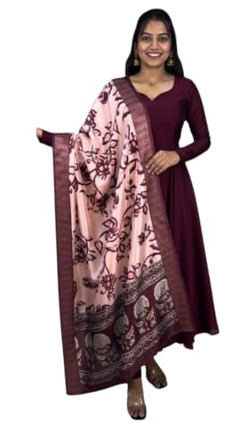 Image of Women's Ethnic Anarkali Kurta Set | Premium Vichitra Silk Gown with Printed Mayura Silk Kalamkari Dupatta Brown
