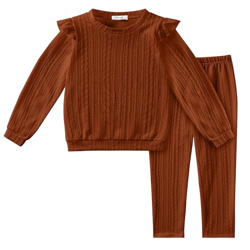 Image of Arshiner Toddler Girl 2Pcs Ribbed Knit Clothes Ruffle Trim Long-sleeve Pullover Sweatshirt and Leggings Fall Outfits 1-6T