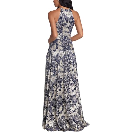 Image of Betsy & Adam Women's Metallic Floral Halter Neck Flowy Floor Length Dress