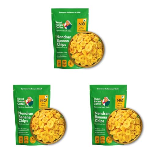 Image of Sweet Karam Coffee Nendran Banana Chips - 200 grams | Made with 100% Coconut Oil | No Preservatives | Kerala Special Crispy, Thin Sliced Yellow Plantain Wafers | Healthy Tea Time Snack (Pack of 3)