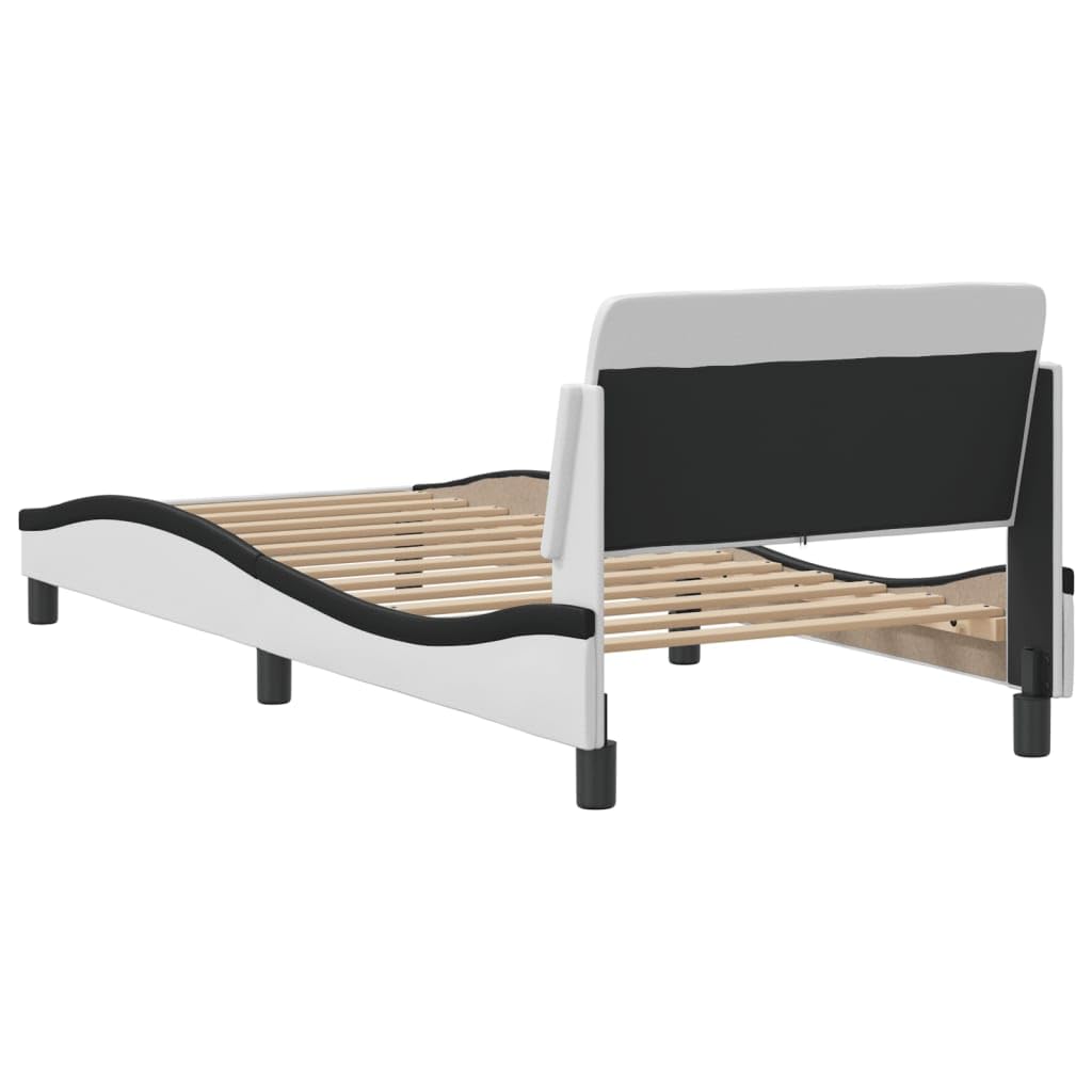 Bettgestell Dover, 90x200 cm, Kunstleder Weiß Schwarz, Wellenform, stabil, modernes Schlafzimmer Möbel, Platform Bettrahmen mit Kopfteil