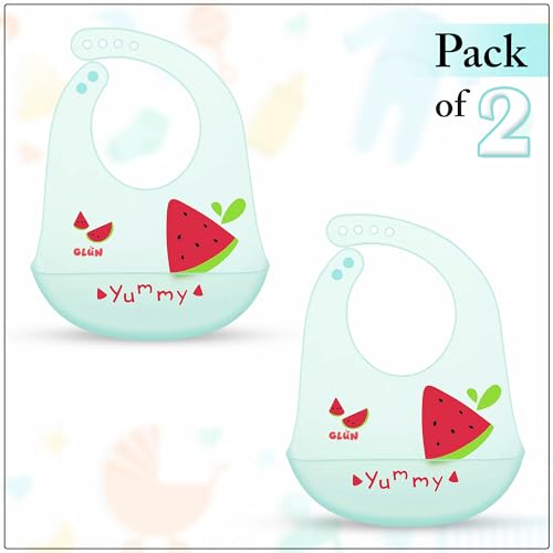 Image of GLUN Pack of 2 Soft Feeding Bibs with Bowl, Cute Watermelon Print for Growing Champs, Easily Wipes Clean, Comfortable Soft Baby Bibs, Less Time Cleaning after Meals for Babies