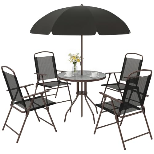 Aosom US Outsunny 6 Piece Outdoor Patio Dining Set for 4 with Umbrella Black/Coffee
