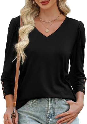 XIEERDUO Blouses for Women Dressy Casual 3/4 Length Sleeve Tunic Summer Tshirts V Neck Tops Trendy Beach Vacation Fall Fashion Clothing Teachers School Outfits 2026 A-Black S - 3
