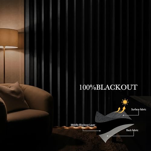 Image of RYB HOME Accordion Style Room Divider Curtain-100% Blackout Folding Accordion Curtain for Sliding Glass Door /Bedroom, Privacy Assurd Living Room /Office Drape 1 Panel with Tieback, W100 x L108, Black