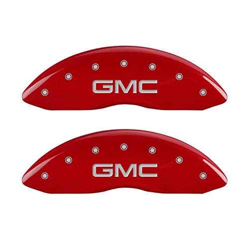 Image of MGP Caliper Covers 34014SGMCRD 'GMC' Engraved Caliper Cover with Red Powder Coat Finish and Silver Characters, (Set of 4)