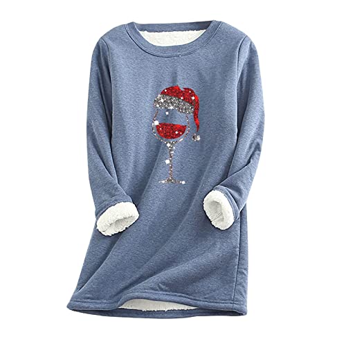 Women Christmas Wine Glass Sherpa Sweatshirt Pullover Winter Crew Neck Tops Warm Fleece Tops Plus Size Winter Warm Loungewear #TOP6