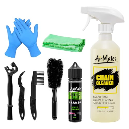 Airmates Bike Chain Cleaning Kit: Including Bicycle Chain Cleaner Degreaser, Cycling Chain Lube, Cleaner Brush Tool and Gloves Suitable for MTB Ebike Road Bike and Trail Bikes