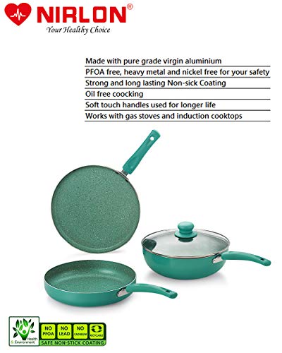 Image of Nirlon Galaxy 4-Piece Aluminium Non Stick Dishwasher Safe Induction Cookware Gift Set with Glass Lid, Green (Compatible with All Induction, Gas & stovetops Only)