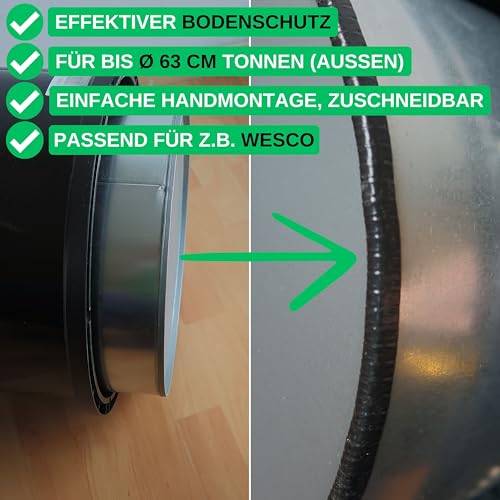 Bodenschutz Profil für Mülltonne, 200 cm, kompatibel mit Wesco Mülleimer bis 60L, max. Ø 63 cm Tonnen, U-Profil, Stahleinlage, ohne Kleber, Bodenschoner Müll Tonne, Kantenschutzband Einzel Einsatz