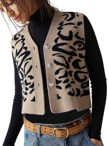 Women's Leopard Knit Sweater Vest – Button Down Sleeveless V Neck Vintage Animal Print Fall Layering Top4