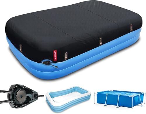 QH.HOME 120"x72" Rectangular Pool Cover for Inflatable Pool,Fits Blow Up Pool Size 10' x 6', Blocks Leaves & Sun, Windproof Snug Fit with Patented Ratchet & Weight Rings to Prevent Slipping