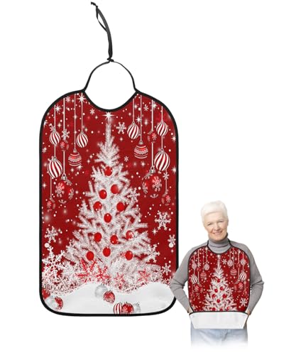 LEOKOTI Red Christmas Tree Adult Bibs for Eating, Waterproof Bibs with Food Catcher & Adjustable Snap Closure, Xmas Winter Snowflake Christmas Balls Washable Clothing Protectors Adult Bibs for Elderly