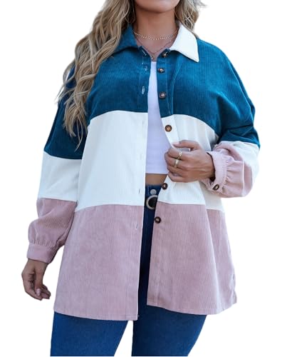Corduroy Shirt for Women Plus Size Striped Button Down Blouse, Casual Color Block Long Shacket for Stylish Outfits