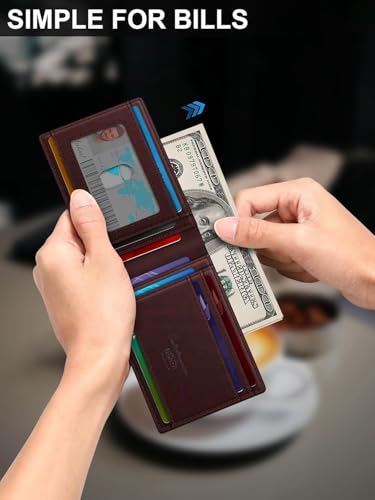 Image of Contacts Slim Leather Bifold for Men | RFID Blocking Card Holder with ID Window | Holds 13-17 Cards, Large Cash Slot | Thin Minimalist Front Pocket Design | Gift for Men (Brown)