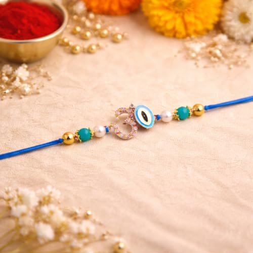 Image of JAIPUR ACE Om Evil Eye Rakhi for Brother | Premium Blue Thread Designer Rakhi Bracelet with Beads | Raksha Bandhan Gift Set with Roli Chawal & Greeting Card | Spiritual Rakhi Gift