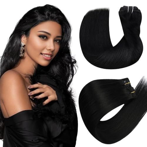 Hetto Clip in Hair Extensions Real Human Hair Black 18 Inch, Long Straight Hair Clip in Extensions