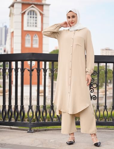 Image of IDOPIP Abaya Dress for Women Muslim Set Long Sleeve Chiffon Islamic Dress Shirt with Pants 2PCS Dubai Prayer Casual Clothes