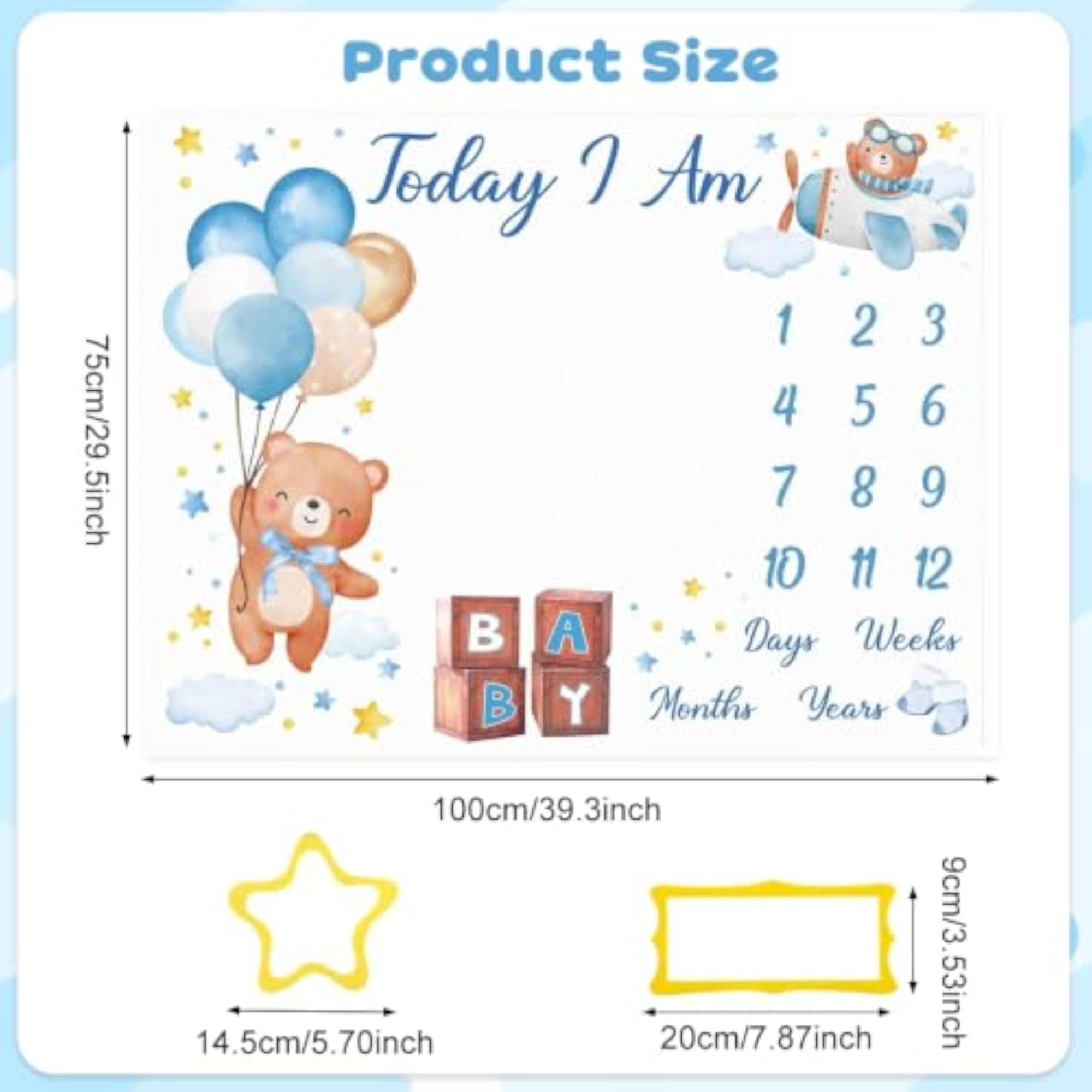 Baby Milestone Blanket with 1-12 Month Markers, Bear Design