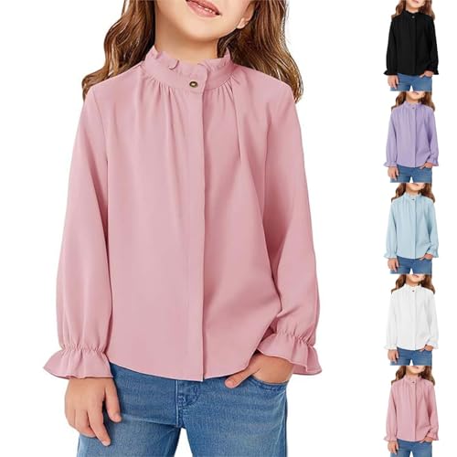 Girls Ruffle Long Sleeve Blouse Kids Plain Preppy Shirt Button Crewneck Fashion Dress Shirts Solid Casual Tops